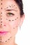 Closeup half of face caucasian woman with dotted lines drawn around left eye, preparing cosmetic surgery