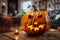 Closeup of Halloween pumpkin, casting an eerie glow in living room