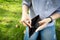 Closeup hand of businesswoman holding a wallet,hand open an empty wallet,asian woman shows her empty money in wallet,bad economics