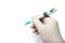 Closeup hand of doctor in white medical glove holding needle pen for glucose check in the blood isolate on white backgroun