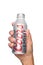 Closeup of a hand holding a Coors Light Aluminum Pint Bottle with condensation