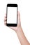 Closeup hand holding phone isolated with clipping path