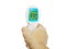Closeup Hand holding Thermometer Gun Side View Medical Digital Non-Contact Infrared Sight Handheld Forehead Readings. Temperature