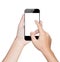 Closeup hand using smartphone white mobile clipping path