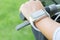 Closeup hand wear smart watch riding bicycle exercise