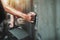 closeup hand of worker plastering cement at wall for building house