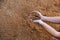 Closeup of handful of beer bagasse in male hands