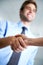 Closeup, handshake and deal of business people, teamwork and thank you in agreement of partnership. Hiring, networking