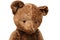 closeup of the head of a shabby teddy bear toy on a white