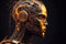 Closeup head shot of golden metallic humanoid robot on isolated dark black background. Technology and innovative concept. Digital