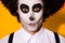 Closeup headshot photo of frightening creepy mime bristle guy funny scary expression crazy look eyes wear white shirt