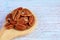 Closeup Heap of Pecan Nuts on a Wooden Spoon Isolated on Pale Blue Wooden Background