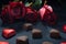 Closeup of heart shaped chocolate confections, red roses and a gift against dark background