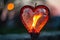 closeup of a heartshaped lantern with a fiery glow lifting off at dusk