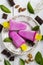 Closeup high angle shot of a plate with purple popsicles decorated with chocolates and leaves