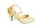 Closeup High Heel in Shining Golden Color Shoes Woman with Ankle Strap. Single Gold Women Shoe for fashionable. Beautiful Luxury H