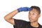 Closeup hispanic young man wearing blue cleaning