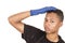 Closeup hispanic young man wearing blue cleaning