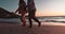 Closeup, holding hands and sunset with couple at beach for travel, summer vacation and romance. Relax, support and