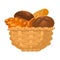 Closeup of homemade wicker basket with bakery products isolated illustration