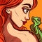 Closeup illustration of a redhead woman holding a lizard on her shoulder. Digital art of a girl and her pet iguana, cartoon vecto