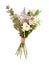 Closeup image of a beautiful flower arrangement on an isolated white background of pink roses, freesia, succulent, eustoma, white