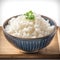 Closeup image of a bowl with freshly cooked rice on display