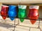 Closeup image of colorful pots used as garbage containers. It is very important for our planet and ecology to sort your