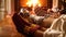 Closeup image of family wearing woolen socks warming by the fireplace