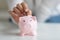 Closeup image female fingers puts coin inside of piggy bank