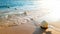 Closeup image of line of floating buoys lying on the wet sand at sea shore