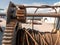 Closeup image of old rusty gears and metal cable of sea port equipment