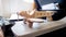 Closeup image of wooden toy airplane on foldable table at aircraft