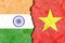 Closeup of India versus Vietnam  vertical  National flags in the background