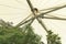 Closeup on indoor under the steel structure of fabric tent.