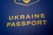 Closeup inscription Ukrainian passport. Paper passport of a citizen of Ukraine