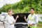 Closeup insurance agent with customer thumbs up is a sign of great work and hold a work list clipboard