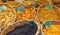 Closeup of isolated baskets with variety of dried fruits and vegetables on french farmers market