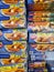 Closeup of isolated boxes with captain iglo frozen fish sticks in cooling counter