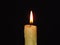 Closeup of an isolated burning candle on dark black background. Flame, light, candle wax. Mystery, religion concept. 