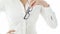 Closeup isolated photo of eyeglasses hanging on beautiful woman decollete in white shirt