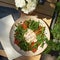 Closeup italian buratta salad with pesto and tomato