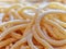 Closeup Italian Homemade uncooked pasta on wooden board top view