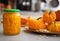 Closeup on jar of pickled pumpkin on table