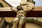 Closeup of Jesus Christ statue against church building