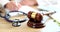Closeup of judge gavel of doctor stethoscope and doctor writes medical diagnosis
