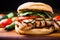 closeup of a juicy chicken burger with grilled veggies