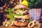 Closeup of a jumbo burger served in a restaurant