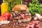Closeup of a jumbo burger served in a restaurant