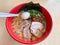 Closeup karaka spicy miso ramen with egg and chashu